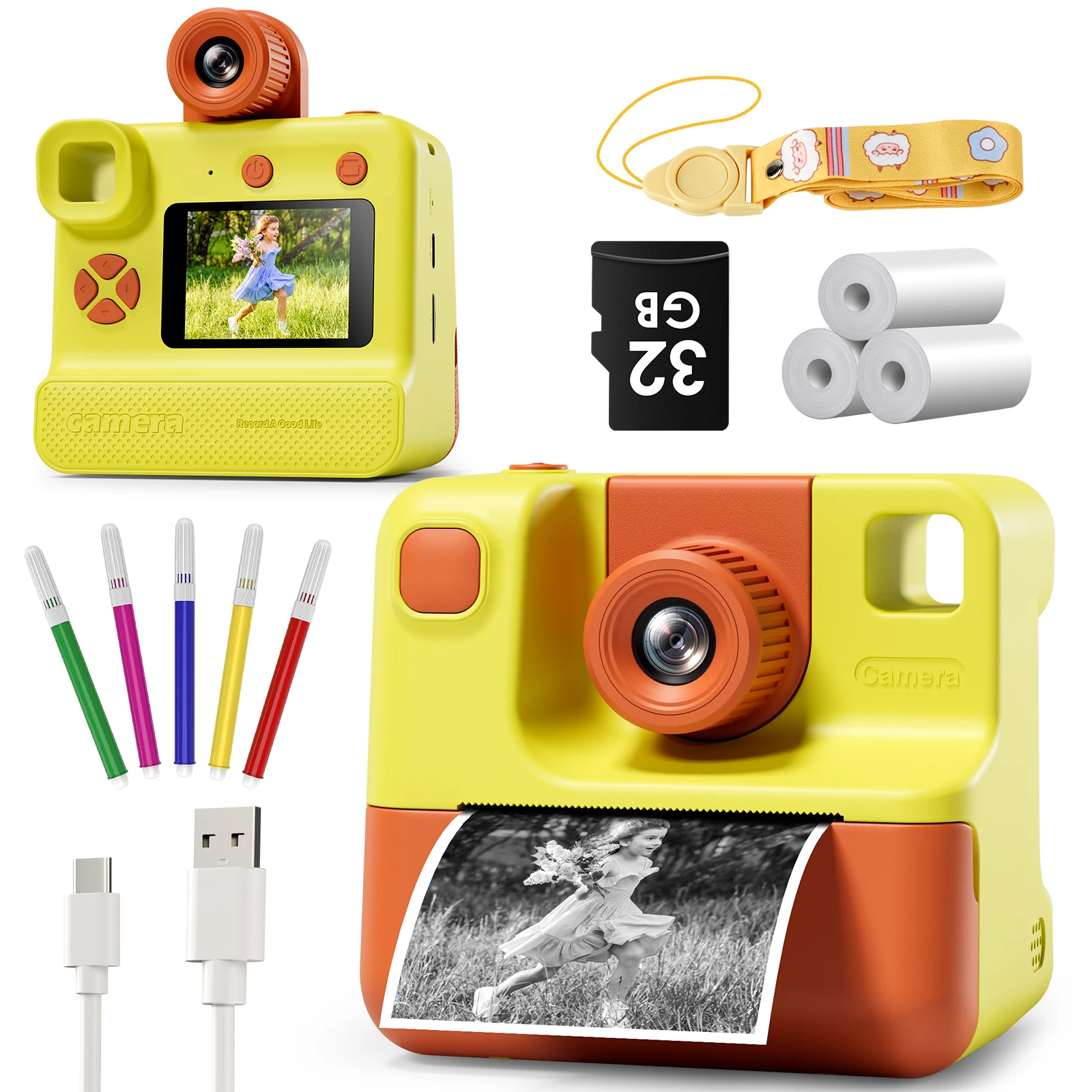 Gofunly – appareil photo numérique pour enfants, jouet HD 1080P, impression instantanée, avec 3 rouleaux de papier d'impression et carte 32 go, cadeau pour 6-12 ans
