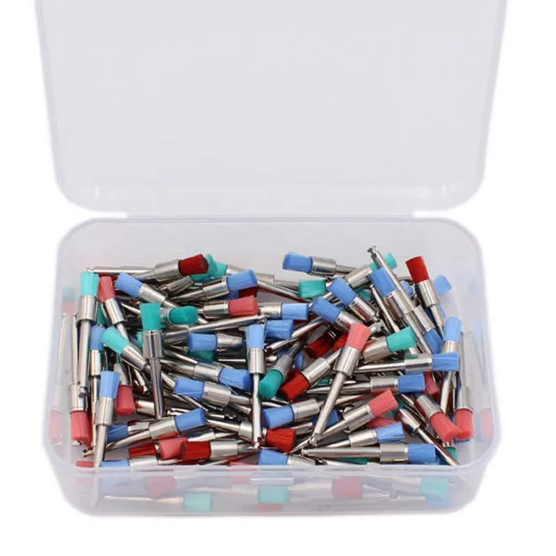 100 stks/doos Tandheelkunde Polijsten Borstel Nylon Platte Kop Klink Tanden Polish Prophy Borstels Voor Contra Hoek Machine Tandheelkundige Materiaal