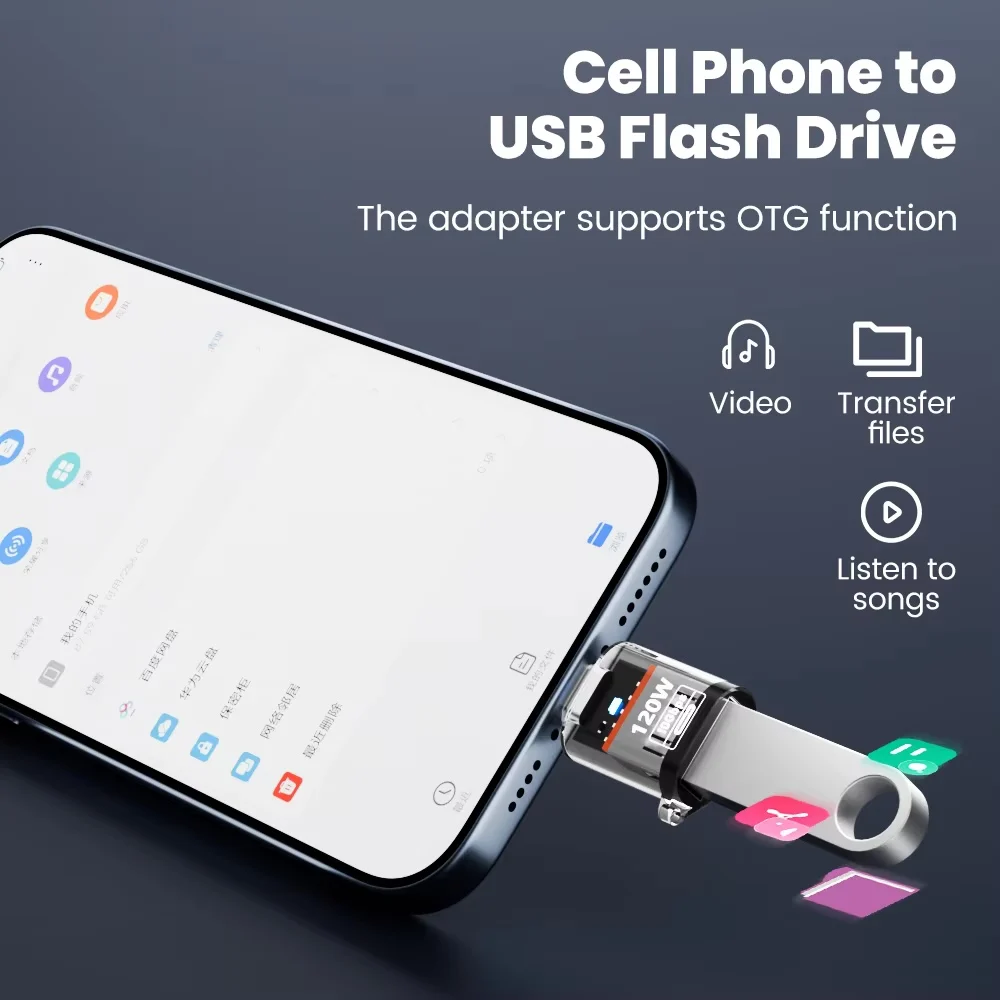 Adattatore USB 3.2 a tipo C a ricarica rapida da 120 W OTG Trasferimento audio dati ad alta velocità da 10 GB per PC Tablet Convertitore USB C Xiaomi Huawei