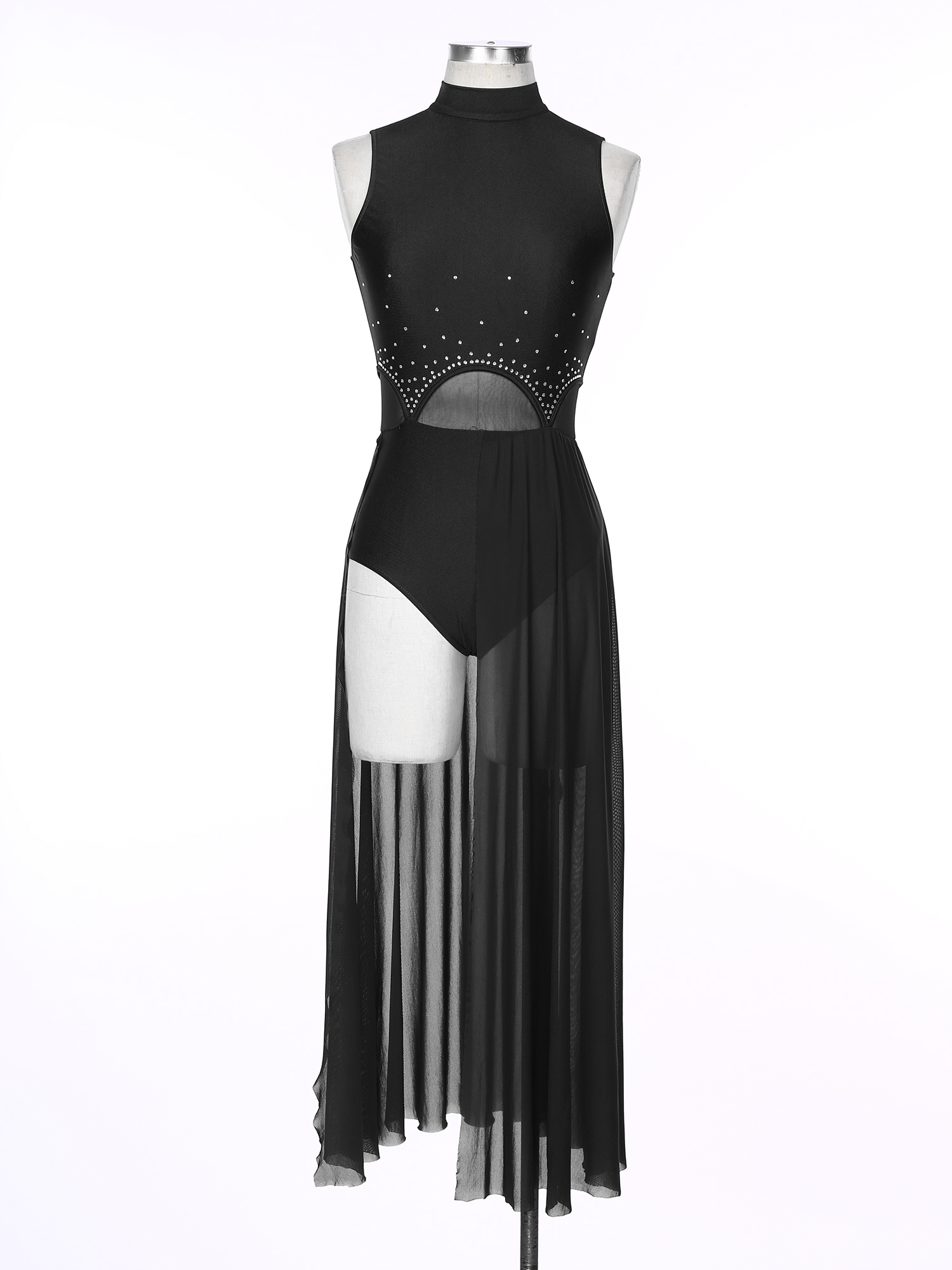 Vestido de actuación de danza lírica moderna para mujer, sin mangas, con diamantes de imitación, Maxi vestidos transparentes divididos, leotardo de gimnasia y Ballet, Ropa de baile