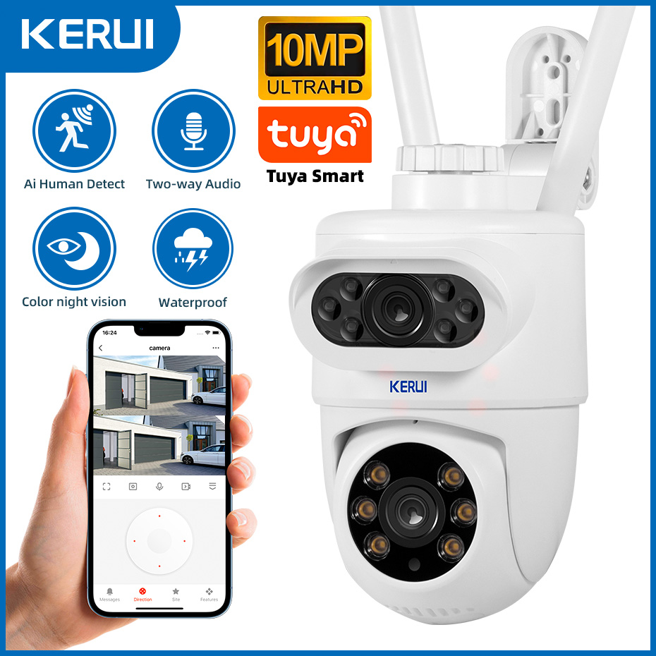 KERUI Al aire libre 10MP 5K HD Cámara IP WiFi de doble lente Tuya Smart PTZ Seguridad inalámbrica para el hogar CCTV Videovigilancia Detección humana
