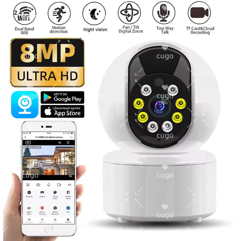 Cámara IP WiFi 4K de 8MP, Monitor de seguridad inalámbrico para bebés, compatible con Audio bidireccional, visión nocturna en Color, cámara de vigilancia para el hogar