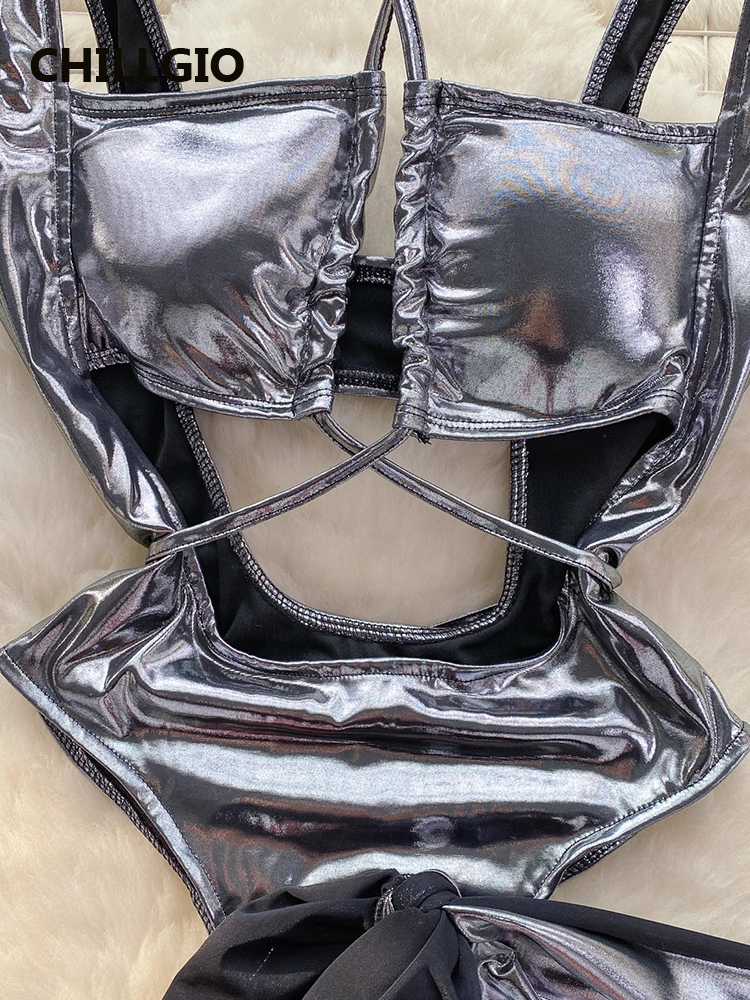 CHILLGIO ผู้หญิงเซ็กซี่ METALLIC Feeling Jumpsuits กระโปรงเสื้อผ้าชุด Hollowed BANDAGE Halter Rompers Combi-กางเกงแน่น Bodysuits