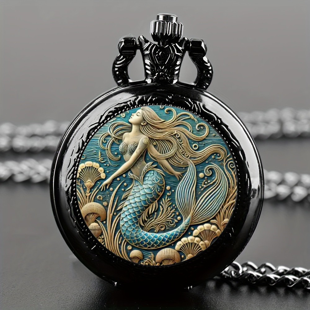 Design requintado de relógio de bolso com padrão de sereia vintage com colar, relógio de movimento de quartzo preciso, ótimo presente para mulheres e meninas
