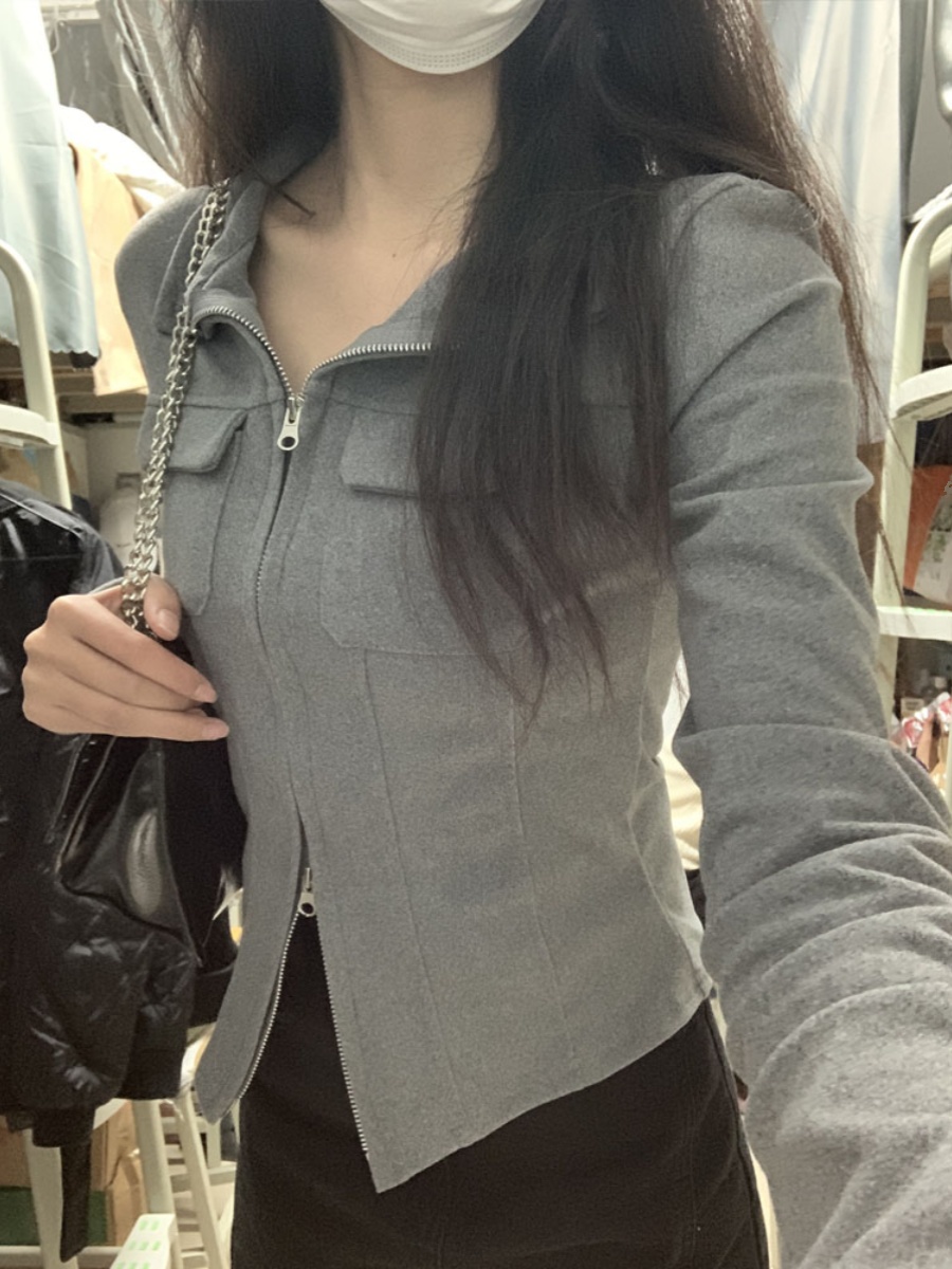 グレーダブルジッパー襟長袖 Tシャツ女性の春秋スリムフィットインナーウェアベースシャツポロネックジッパースタイル