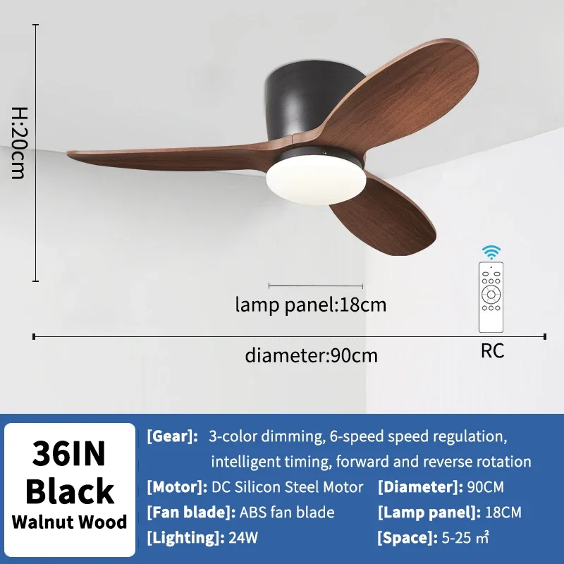 36 Inch Modern Low Floor Ceiling Fan Light with Remote Control, Living Room, Bedroom, Dining Room, Ceiling Fan Pendant Light