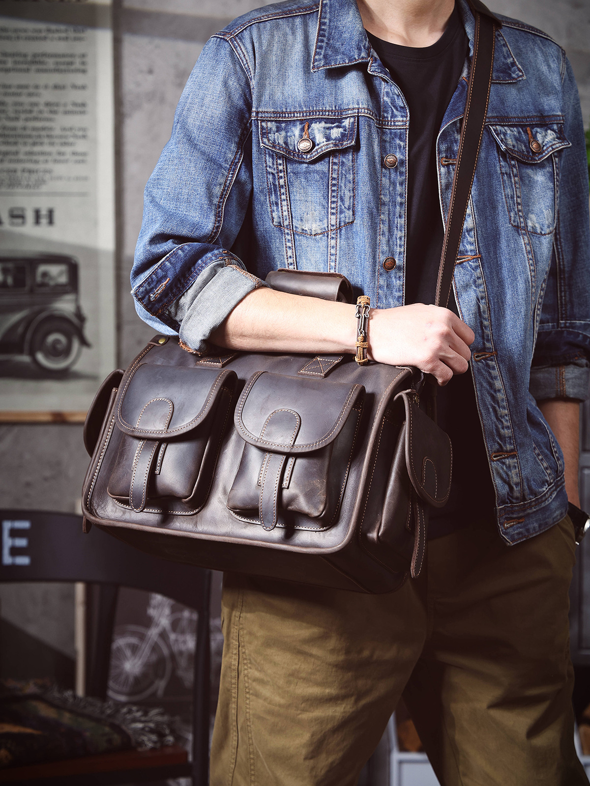 designer handmade crazy horse cowhide men briefcase laptop handbag business vintage genuine leather large-capacity messenger bag