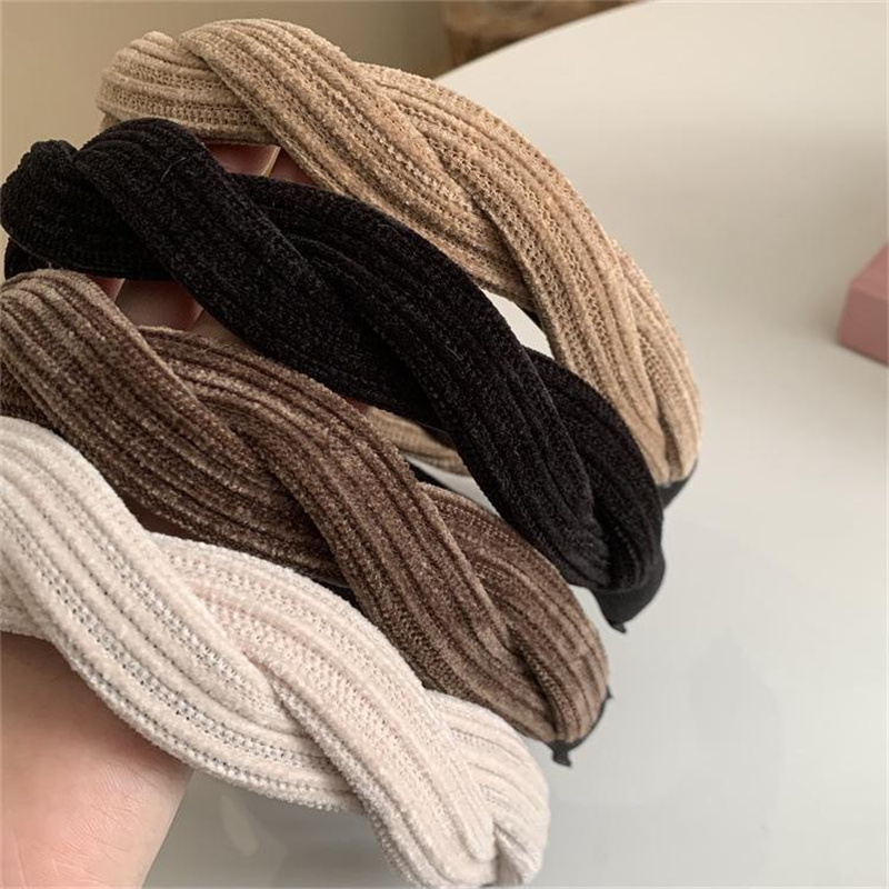 Novo simples borda lateral larga tecido faixa de cabelo moda feminina coreano retro trançado bandana nó sólido argola meninas acessórios para o cabelo