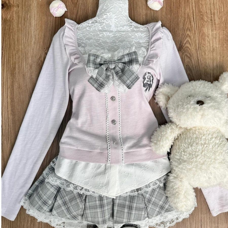 秋冬シックな固体 2 点セット女性の韓国のファッション長袖スリムスクエアネックトップス + 弾性ウエストチェック柄スカートスーツ新