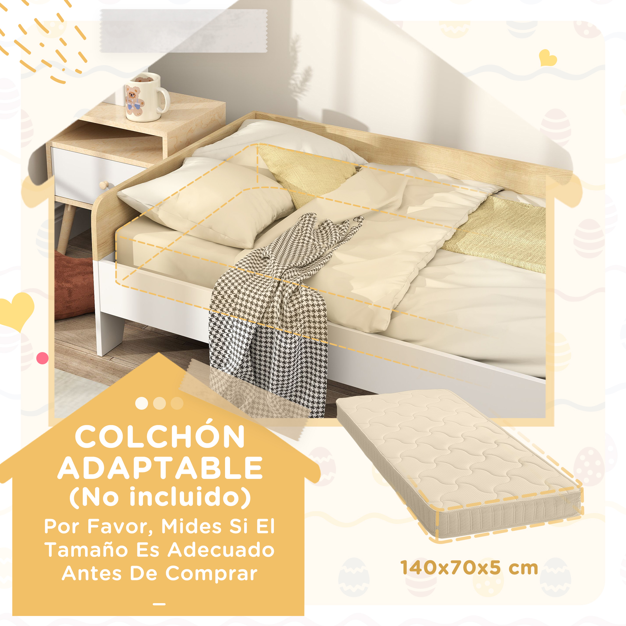 Aiyaplay cama para niños de 3 años 140x70 cm carga 80 kg blanco y natural