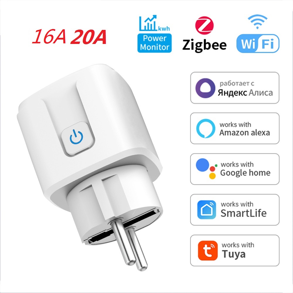 Tuya EU Plug Zigbee or WIFI 16/20A, Smart Socket With Power Monitor Timing, Voice Control Work with Alexa Google Home Alice