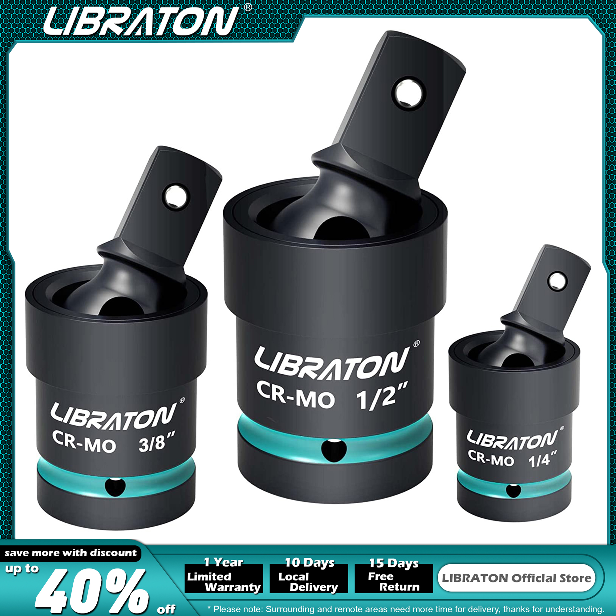 Juego de casquillos giratorios Libraton Juego de casquillos giratorios de impacto, casquillo oscilante Junta universal de grado de impacto 1/4" 3/8" 1/2" Drive Cr-Mo Steel