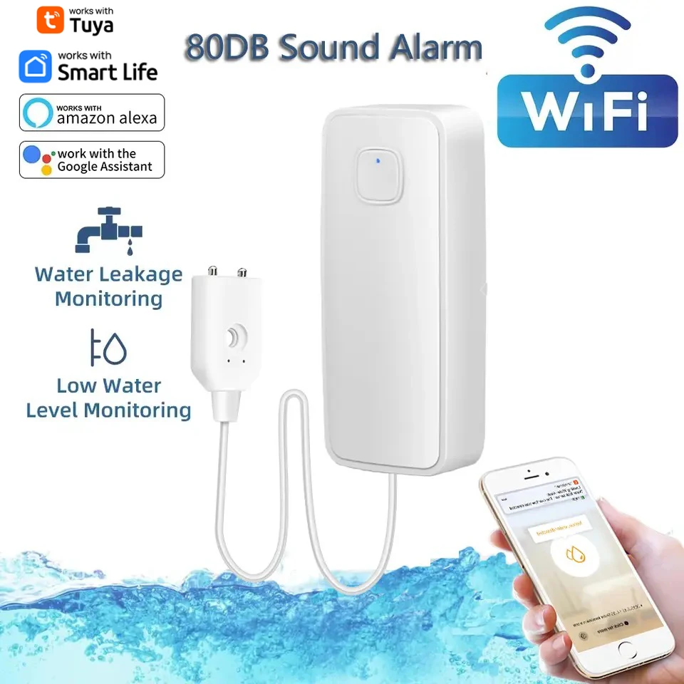 Tuya Wifi Smart Water Lek Sensor Water Overloop Niveau Detector 80db Geluid Alarmsysteem Overstroming Lekkage Sensor Afstandsbediening