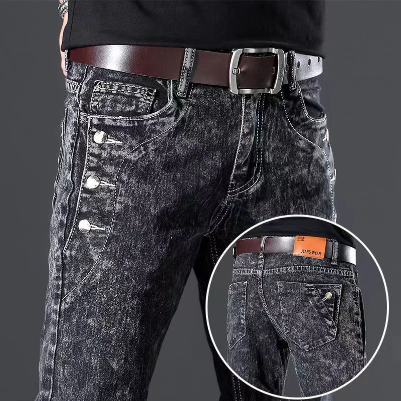 Pantalones vaqueros clásicos ajustados Vintage a la moda para hombre, pantalones elásticos de moda coreana con lavado gris y copo de nieve, pantalones vaqueros con múltiples botones
