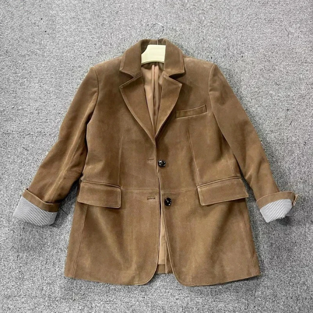 Retro Kid Wildleder Leder Anzug Mantel Frauen 2024 Herbst Winter Echte Kuh Wildleder Jacke Vintage Kaffee Übergroße Jacke Outwear