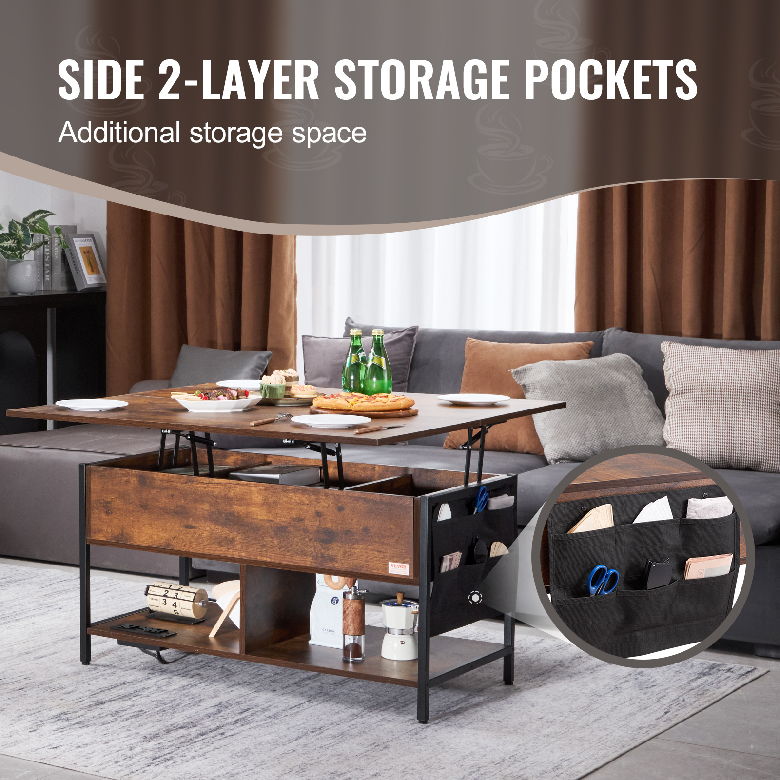 VEVOR Mesa de Centro con Tapa Elevable 1000x498x552 mm Mesa de Café Rectangular para Salón con Bolsillos de Almacenamiento Mesa de Centro Retráctil con Regleta, USB, Iluminación Ambiental, Marrón