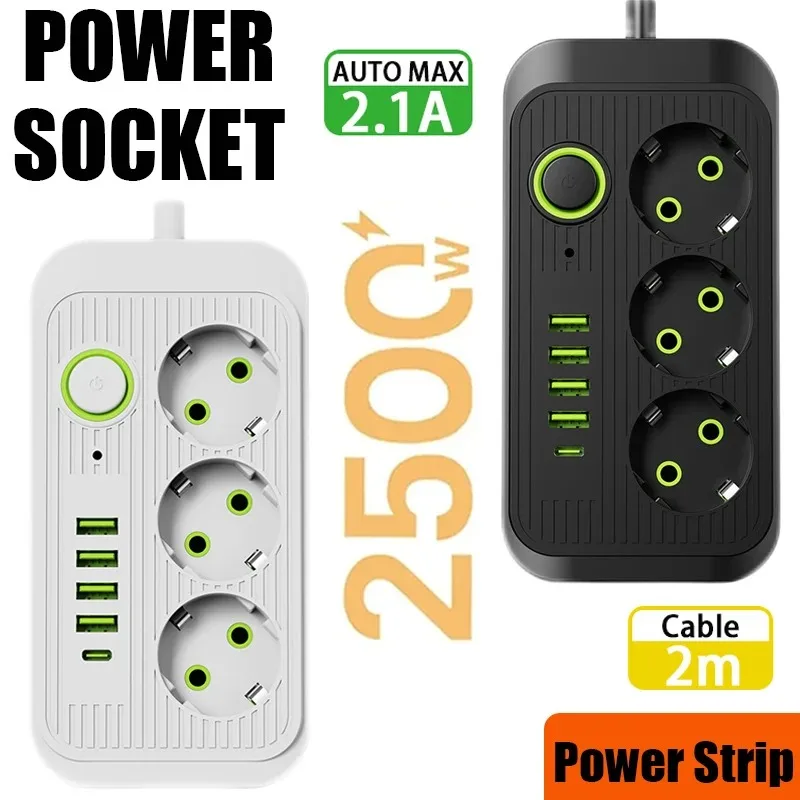 5m EU Plug AC Outlets Multitap Socket Extension Cord Electrical Power Strip With USB Type C Fast Charging Network Filter Adapter