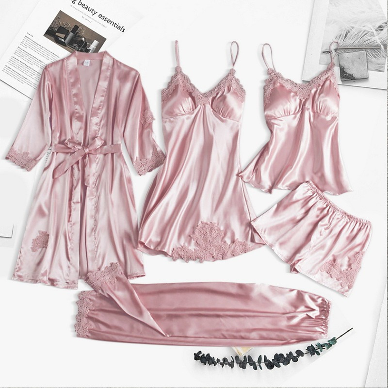 TXii Leepwear-Conjunto de pijamas de satén para mujer, Pyjamamas de encaje de retales Bril, ropa de dormir de boda, ropa de dormir de rayón para el hogar, camisón y bata, 5 uds.