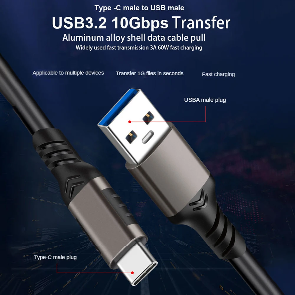 Hannord USB3.2 10Gbps Cáp USB Một Để Loại-C 3.2 Truyền Dữ Liệu USB C SSD Cứng Cáp 3A 60W Quick Charge 3.0 Sạc Cáp