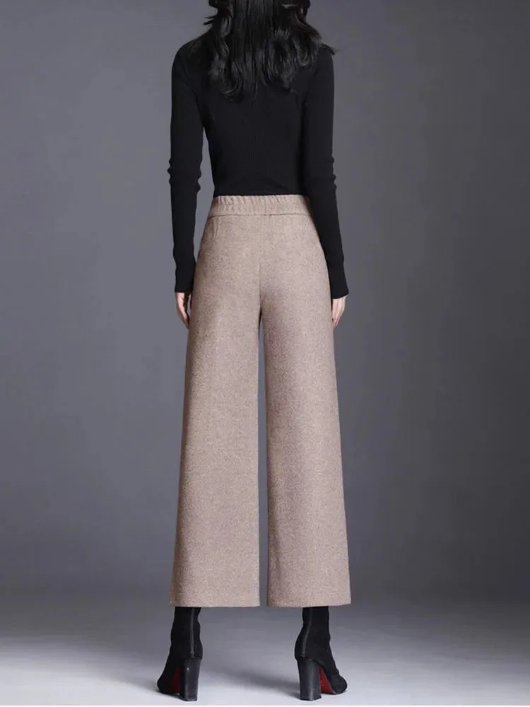กางเกง4XL เอวสูงตรงสำหรับผู้หญิงกางเกงทำงานทำจากผ้าขนสัตว์ผสมกางเกงขาม้าใส่ในสำนักงานฤดูใบไม้ร่วงฤดูหนาว