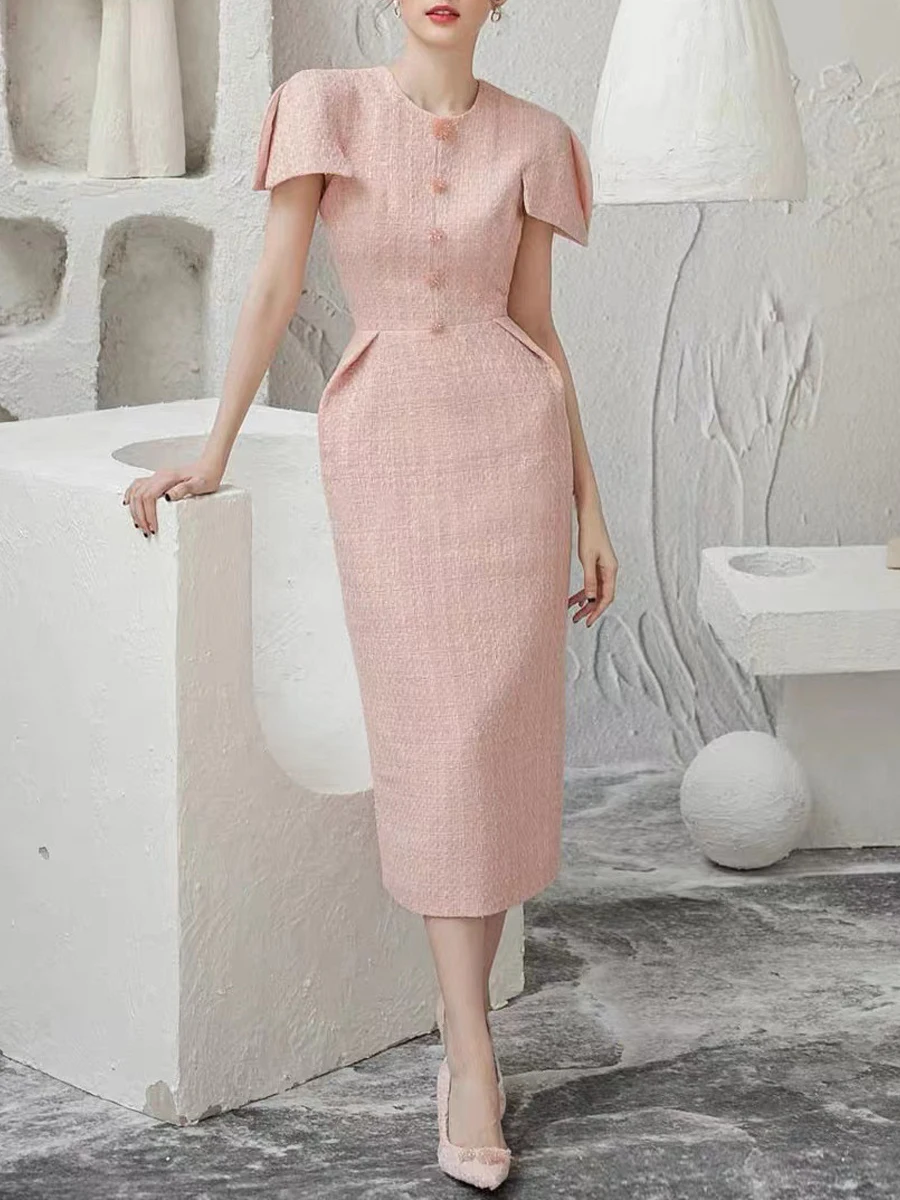 Tailor shop customizes light pink coarse tweed, small fragrant style, elegant buttocks wrapped dress