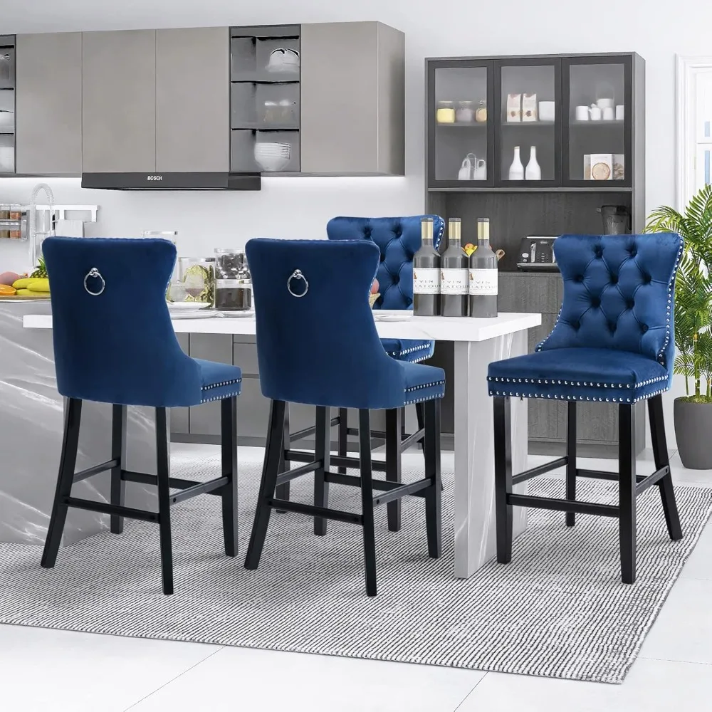 Modern Velvet Upholstered Bar Stools Set of 4 with Wood Legs, Button Tufted,Chrome Nailhead, Counterstool Seat, Armless