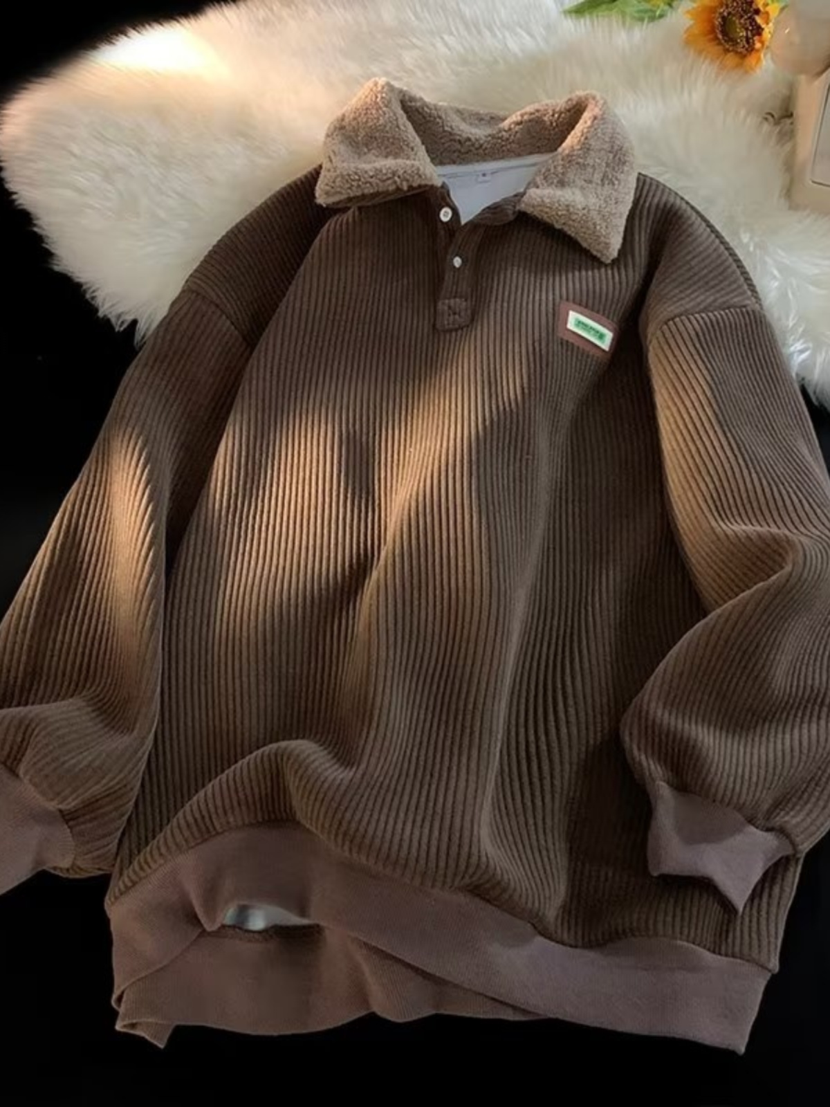 Suéter De Cuello Revestido De Piel De Oveja Para Hombre Estilo Japonés Retro Grueso Y Suave Con Forro De Poliéster Para Otoño...