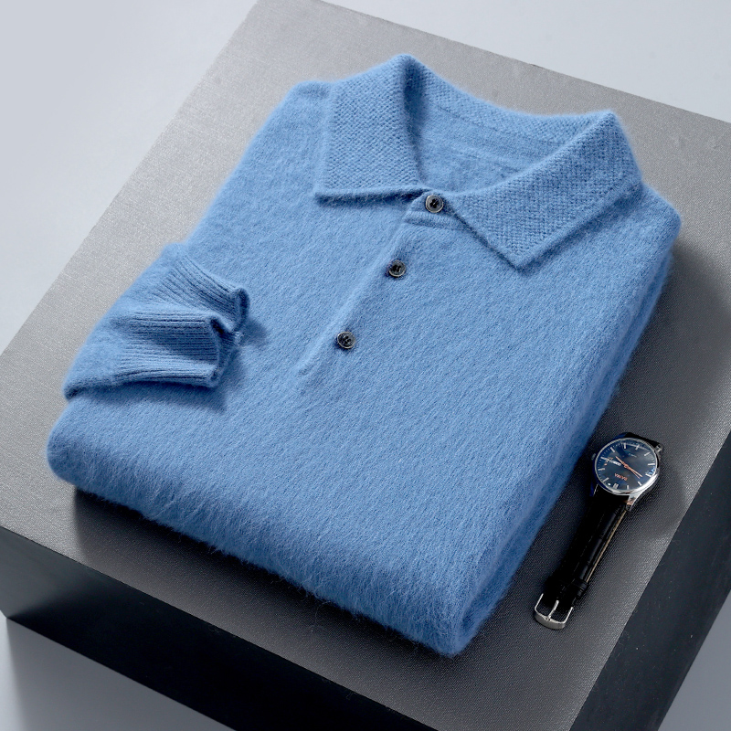 Jersey para hombre, suéter de punto de cachemira de visón 100% con cuello tipo Polo, informal, holgado, de talla grande, manga larga, versión coreana de invierno 23