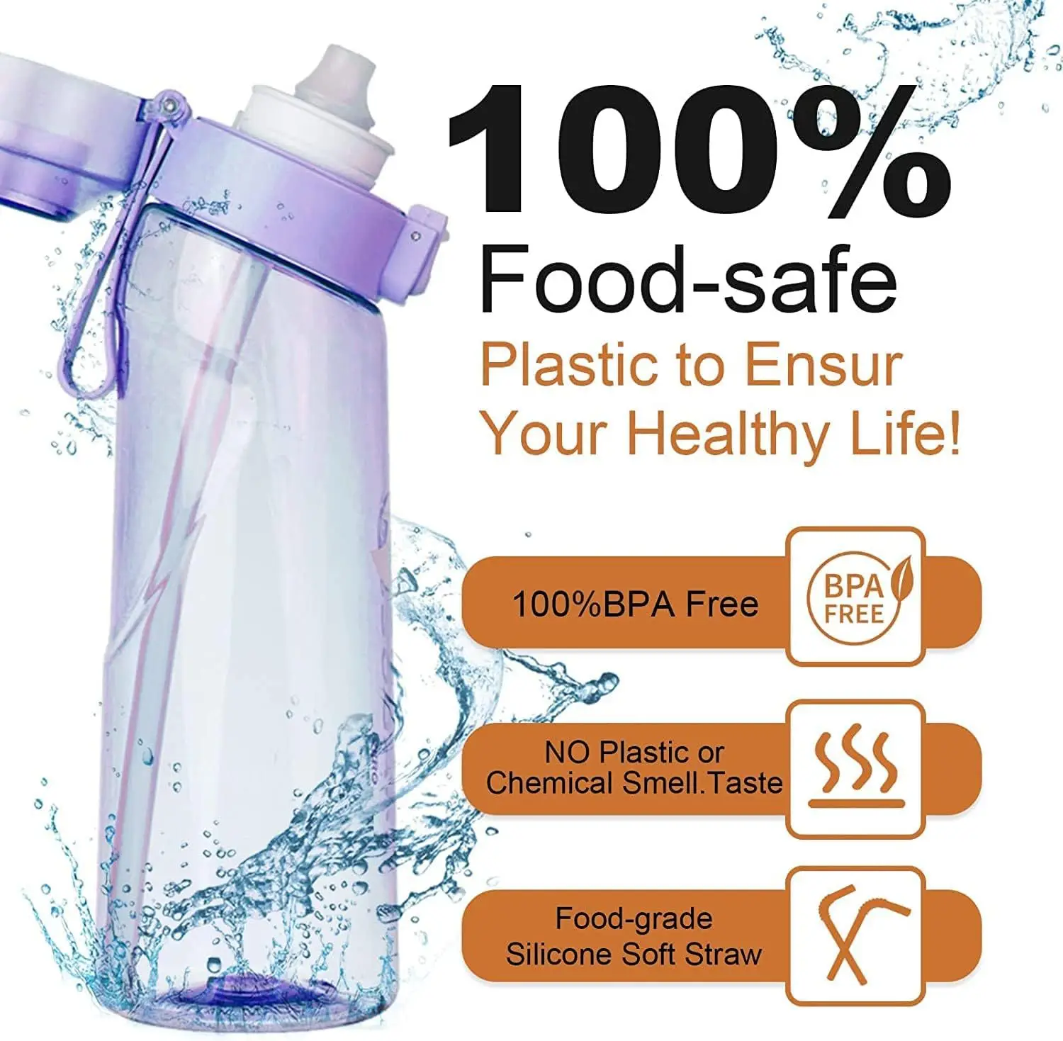 Botella de agua con sabor a aire LUSQI con anillo de 7 sabores, taza de plástico Tritan de paja de moda deportiva adecuada para deportes al aire libre y Fitness