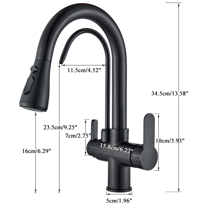 Robinet de cuisine à eau de purification noir 360 °   Robinets d'eau à filtre rotatif, pulvérisateur extractible, mitigeur d'eau chaude et froide à 3 voies