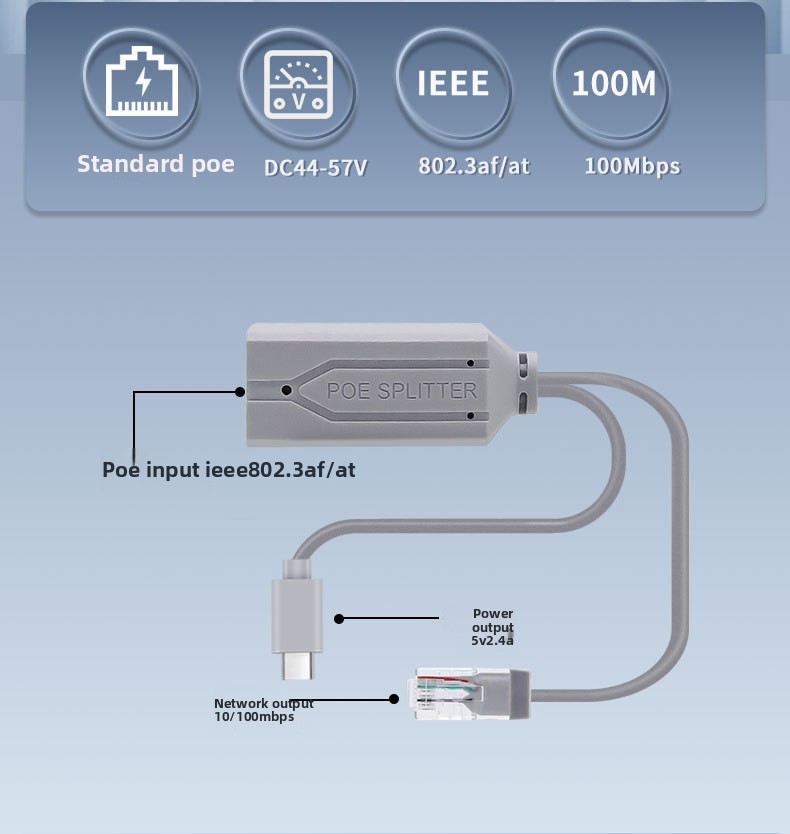 Разветвитель POE 100 Мбит/с, 48 В до 5 В, стандартный изолированный модуль питания USB Type-C, разветвитель POE