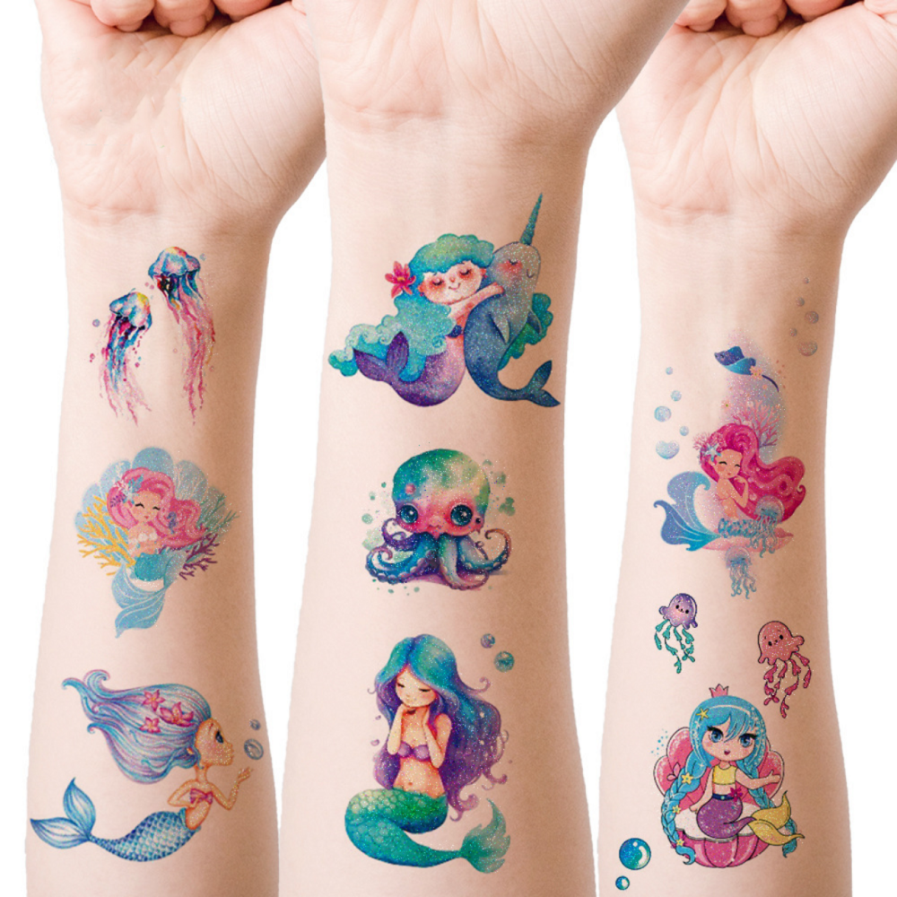 12 Uds. Tatuaje temporal resistente al agua de unicornio y sirena con purpurina, tatuaje Flash de arcoíris de dibujos animados para niños, tatuajes falsos de arte corporal para brazo