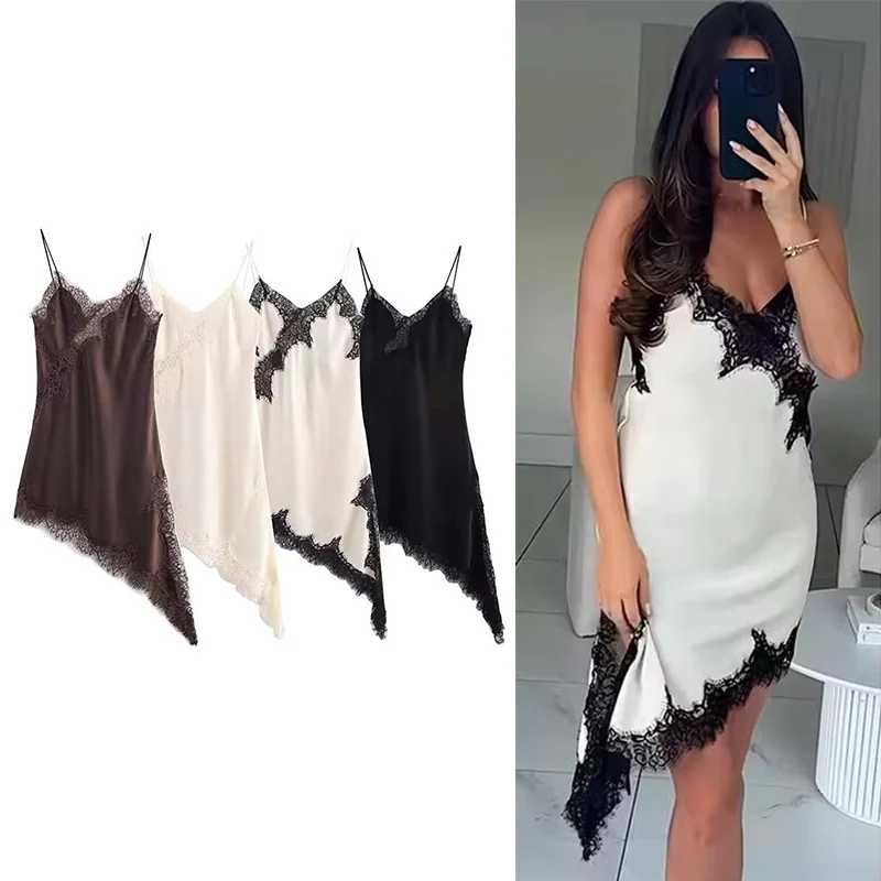 Moda feminina sexy com decote em v renda elegante vestido halter assimétrico bainha vestido 2025 verão nova moda férias festa praia vestidos