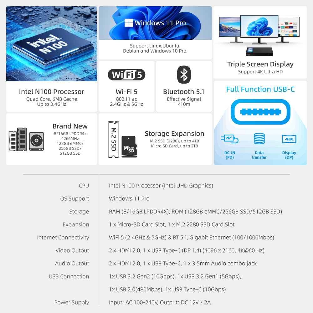 Mele fanless mini computador n100 windows 11 pro n4000 j4125 16gb 512gb computador de mesa wifi bt fanless pc na astrofotografia