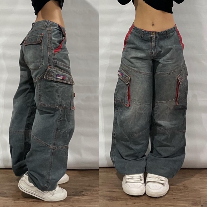 ストリートファッション新マルチポケット洗浄だぶだぶのジーンズ男性と女性 Y2K ヒップホップ原宿カジュアルゴシックハイウエストワイドズボン
