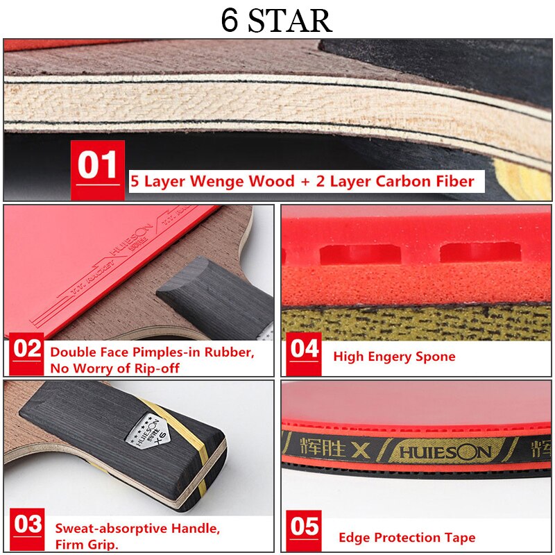 Huieson 6つ星2個カーボン卓球セット大人用クラブトレーニング用超パワフルピンポンラエバット