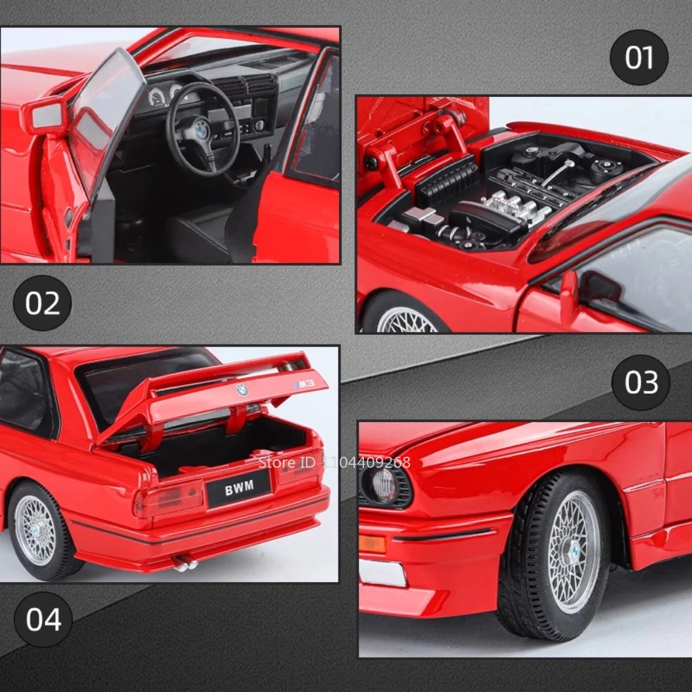 Skala 1:24 M3 M4 Model samochodu zabawkowego Alloy Diecast Gumowe opony Otwarte drzwi Miniaturowe światło Dźwięk Modele pojazdów Prezenty świąteczne dla dzieci