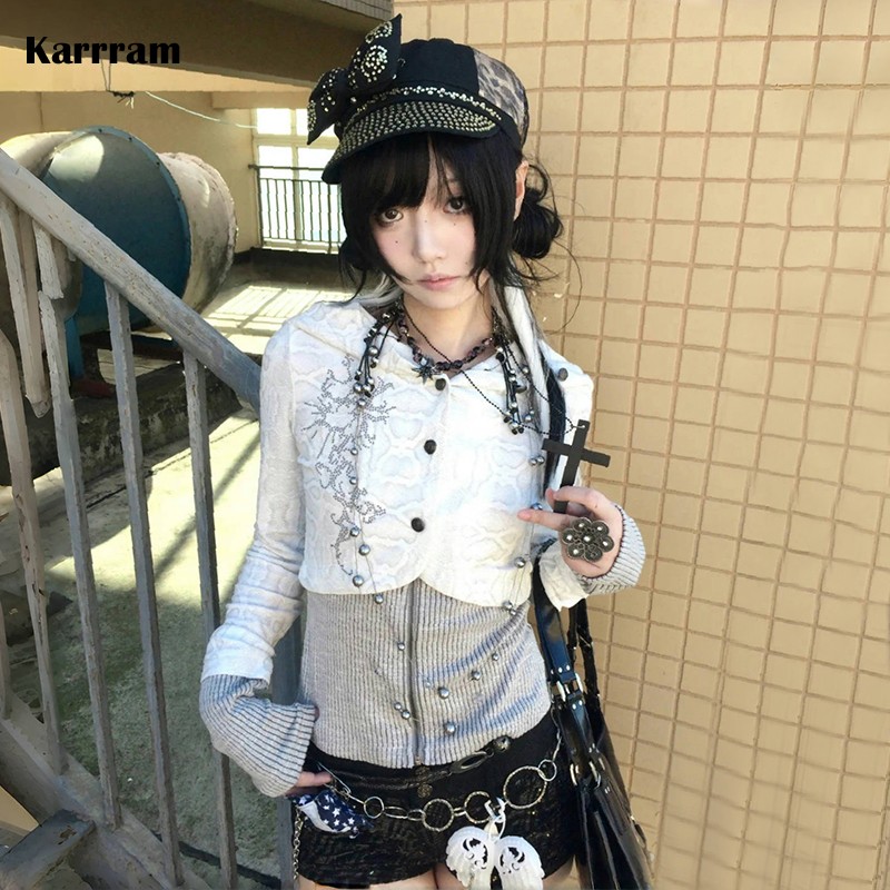Karrram 日本 Y2k フェイク ツーピース ニット トップス トラッシー 2000 年代 フード付き ジャケット ヴィンテージ 原宿 ニットウェア グランジ 美学 アメリカ