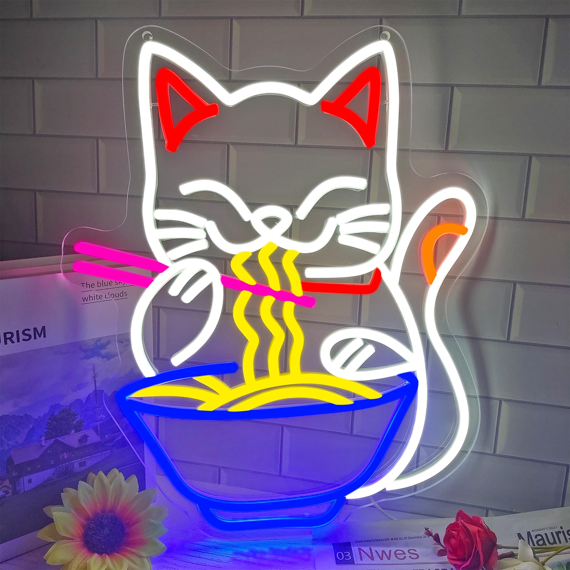 Letrero de neón de gato de la fortuna Ramen, letreros de neón Led de fideos de gato de la suerte para decoración de pared, hogar, Bar, cocina, comedor, decoración artística de pared, regalos
