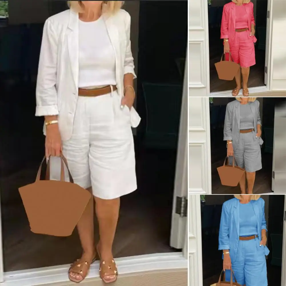 Conjunto de dos piezas de Color sólido para mujer, abrigo informal, pantalones cortos de cintura elástica, trajes sueltos, ropa de calle, chandals para mujer, moda de verano