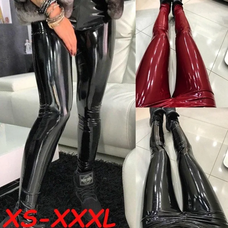 Mallas sexis de cuero Pu para mujer, mallas brillantes de talla grande para caminar al aire libre, trotar, cintura alta, levantamiento de glúteos, pantalones de Yoga informales