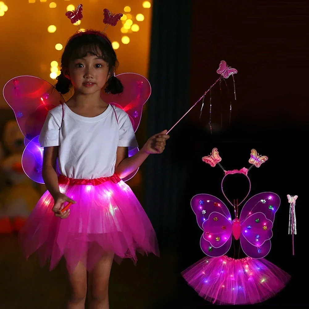 3/4ชิ้น/เซ็ต LED เด็กผู้หญิงสองชั้นสะท้อนแสงนางฟ้าผีเสื้อปีกไม้กายสิทธิ์ตกแต่งฮาโลวีนของขวัญของเล่น