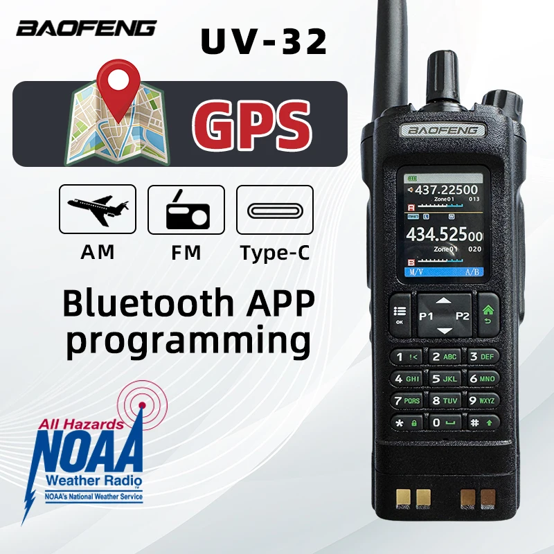 BAOFENG UV32 Walkie Talkie GPS multibanda Bluetooth programación inalámbrica AM FM copia frecuencia NOAA Ham de largo alcance Radio bidireccional