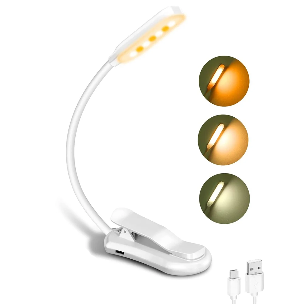 Lámpara de luz de lectura de libros recargable, luz de libro LED para leer en la cama, brillo ajustable para el cuidado de los ojos, 3 temperaturas de color