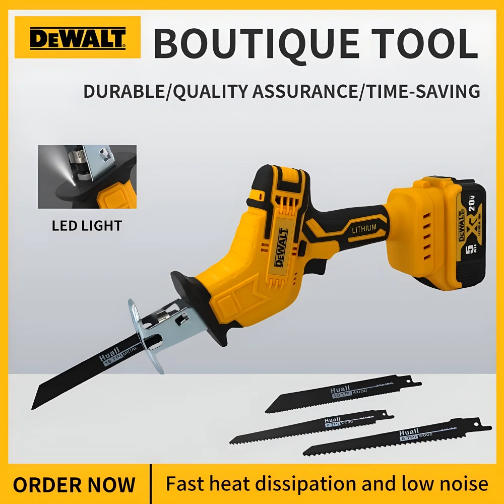 DEWALT 무선 전기 왕복 톱, 목재, 금속, 파이프, 나무 절단용 배터리 없음, 블레이드 4 개, 휴대용 전동 공구