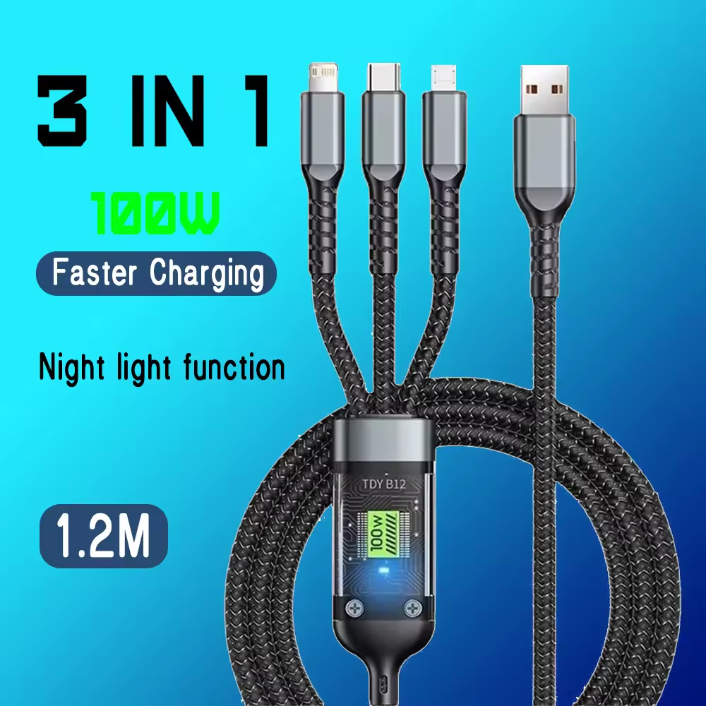 3-in-1 100W Fast Charging Cable USB To Type-C Micro Fast Charger Cable PD For iPhone 16 15 14 13 Samsung S23 Xiaomi Huawei Lamp