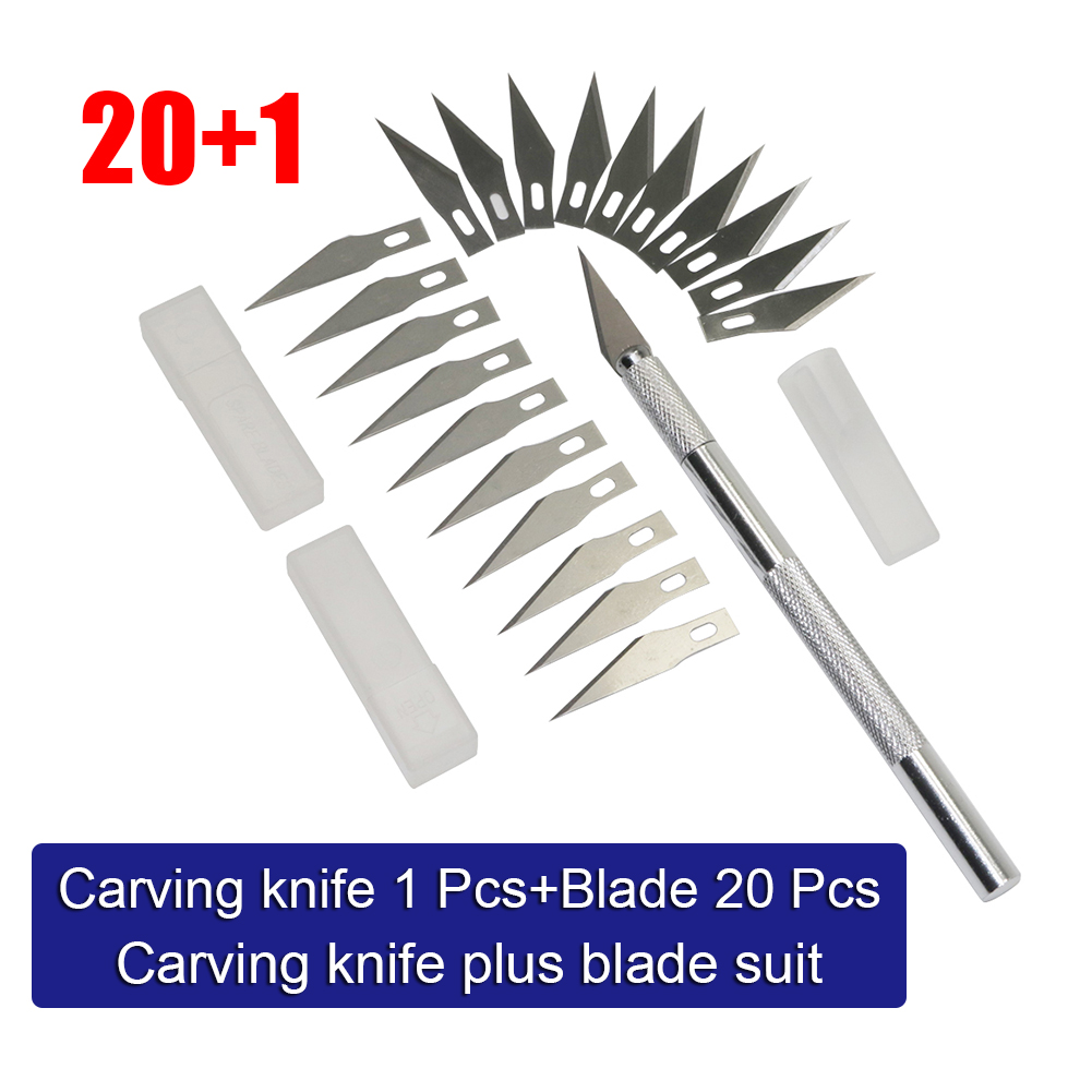 Cuchillo para tallar, 1 Uds. Más hoja, 20 Uds., cortador de papel, cortador de película para teléfono móvil, herramienta de montaje de modelo, cuchillo para tallar sello de goma