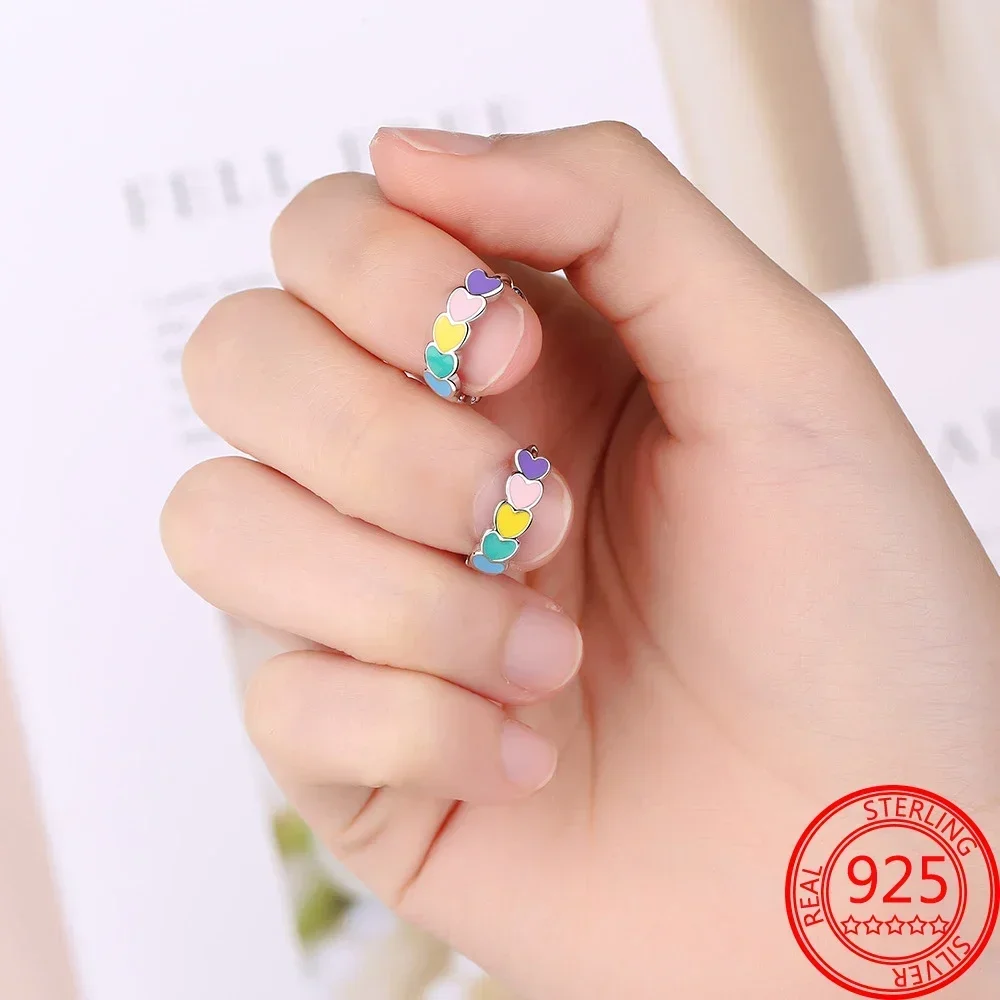 Trái Tim Lãng Mạn Shapen Bông Tai Nữ Bạc 925 Trái Tim Sắc Cầu Vồng Khuyên Tai Bạc Món Quà Trang Sức