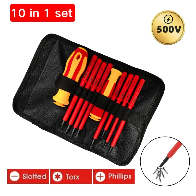 Juego de destornilladores aislados 10 en 1, hoja intercambiable, 500V, con estuche magnético para herramientas de reparación de electricistas profesionales para el hogar