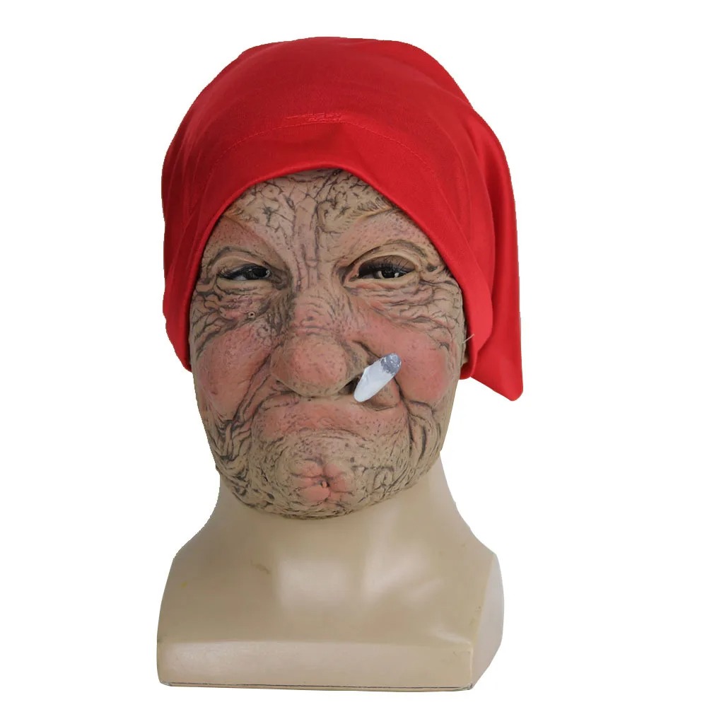Divertente fumatori nonna vecchio Nana maschera in lattice signora nonna con viso rugoso e sciarpa rossa maschere puntelli per costumi da festa di Halloween